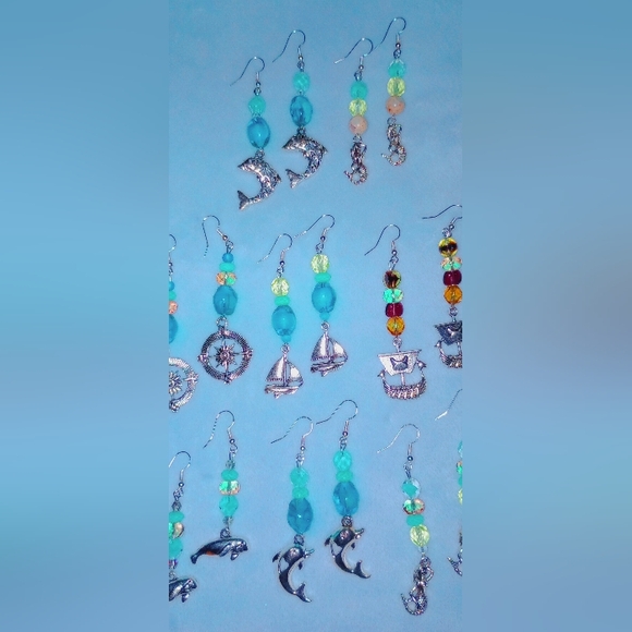 Uranium Glass Beaded Earrings Silver Charms Vintage Beads Blue Yellow Green Purp - Picture 9 of 12